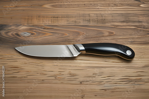 Essential Seafood Tool: Close-up Shot of an Oyster Shucking Knife on a Rustic Wooden Backdrop