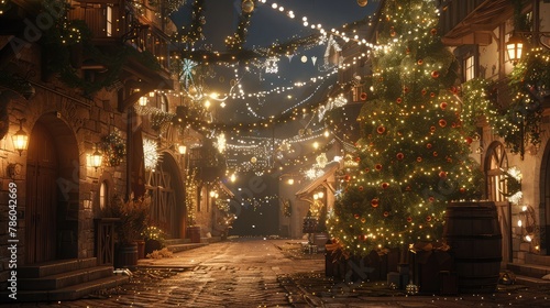 A quaint village square transformed into a holiday wonderland, with twinkling lights and a towering Christmas tree aglow with ornaments. 8k, realistic, full ultra HD, high resolution, and cinematic © Amer