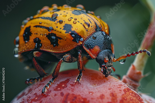 A close-up of a plum curculio beetle making a crescent-shaped cut into a fruit to lay its eggs, the © Natalia