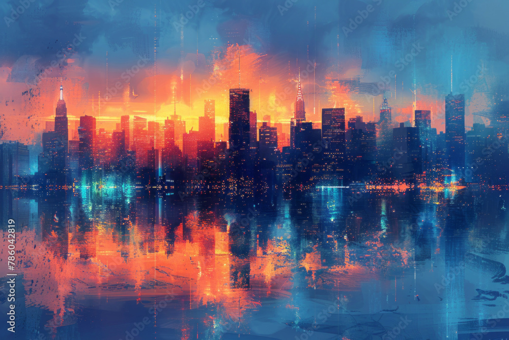 The city skyline at sunset, with skyscrapers mirrored on the water surface, exudes an atmosphere of prosperity and progress in urban development through its blue and orange tones.