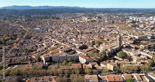 Aix-en-Provence city center, aerial lateral dolly shot. Bouches-du-Rhône, France