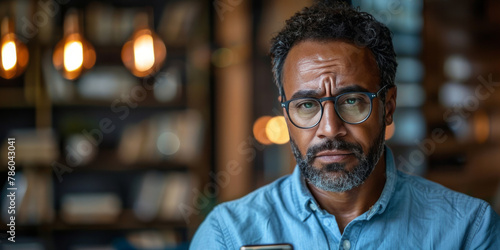 Inside a space, a man with short hair looks at his phone screen with an exasperated expression.