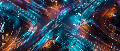 Aerial view of an intersection at night with blue and teal neon lights, long exposure photo capturing the motion blur from cars moving through the intersection © jeongbin