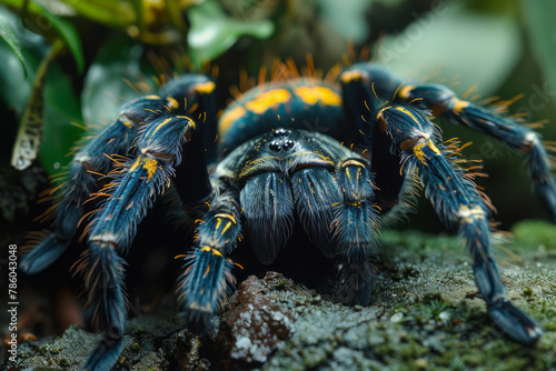 A close-up of a tarantula that makes its home among the roots of a rare tropical plant, the spider's