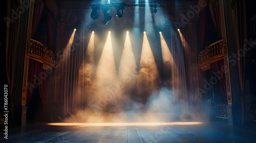 Theater stage light background with spotlight illuminated the stage for opera performance. Empty stage with classic and timeless backdrop decoration. Stage curtain. Entertainment show. © john