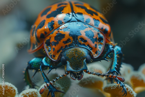 A close-up of a tortoise shell beetle, its transparent edges reflecting the colors of the environmen