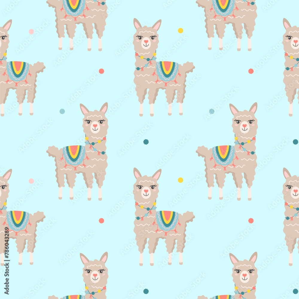 Fototapeta premium Seamless pattern with cute cartoon hand draw lama, alpaca. Design for printing, textile, fabric.