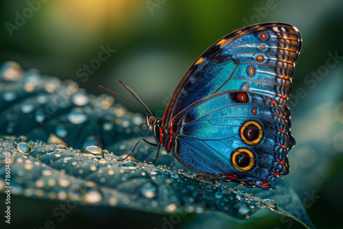 A close-up of a Blue Morpho butterfly, its iridescent blue wings shimmering as it rests on a lush gr photo