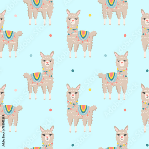 Seamless pattern with cute cartoon hand draw lama, alpaca. Design for printing, textile, fabric. © AnaRisyet