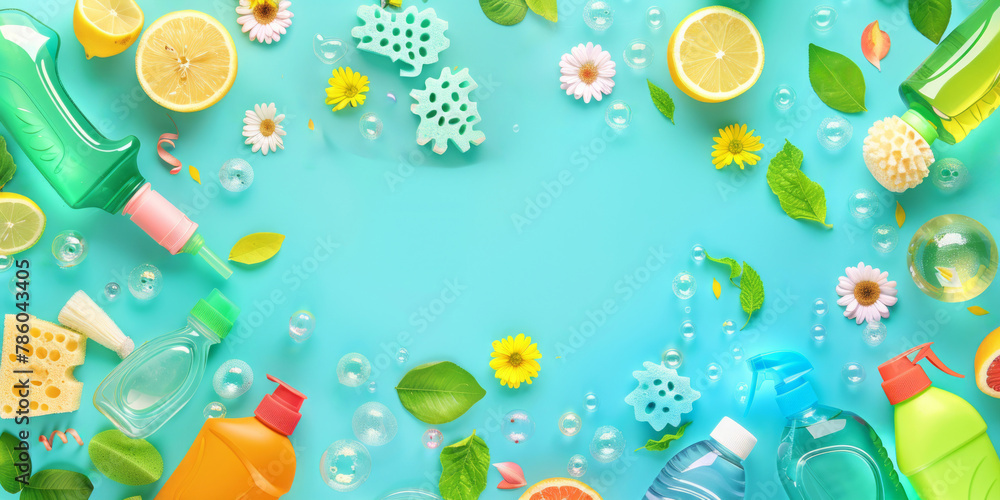 A backdrop displays various cleaning products, including dish soap bottles, with colorful leaves, flowers, lemon slices, bubbles, and sponges scattered around.