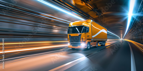 A truck speeds through a tunnel, creating motion blur and speed lines, illuminated by white and orange lights.