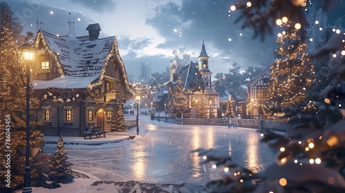A quaint village square transformed into a winter wonderland, with an ice-skating rink surrounded by holiday decorations and joyful laughter