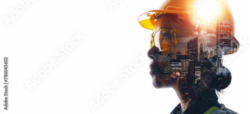 A double exposure design isolates a construction worker with a helmet and cityscape on a white backdrop, featuring a woman in yellow safety glasses.
