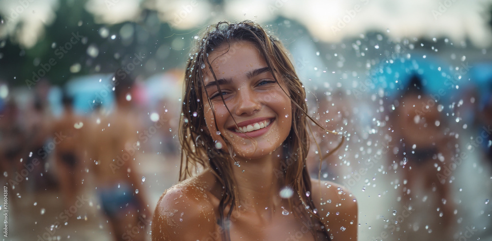 A woman is smiling and splashing water on herself in a crowded beach