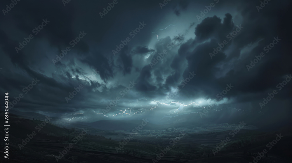 Fototapeta premium The dark sky, filled with lightning, casts an ominous atmosphere over the landscape below as a thunderstorm approaches, casting light and shadow on everything in its path.