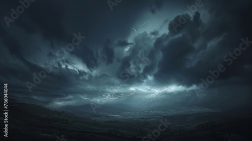 The dark sky, filled with lightning, casts an ominous atmosphere over the landscape below as a thunderstorm approaches, casting light and shadow on everything in its path. photo