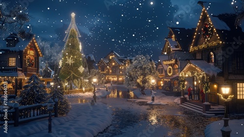 A quaint village square transformed into a holiday wonderland  with twinkling lights and a towering Christmas tree aglow with ornaments. 8k  realistic  full ultra HD  high resolution  and cinematic