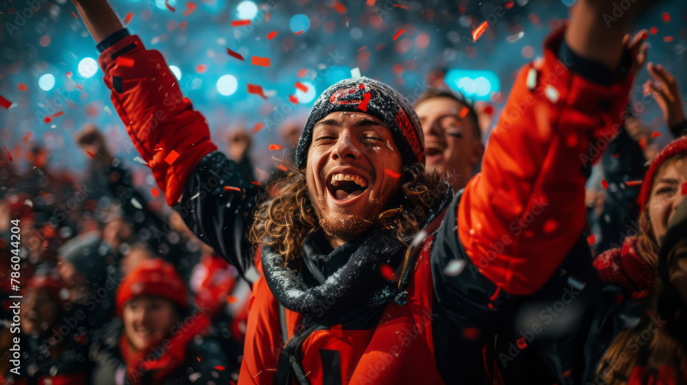 A group of fans, dressed in red and black uniforms, cheer in the stadium with their arms raised high above their heads. A group of fans, dressed in red and black uniforms, cheer in the stadium with their arms raised high above their heads.