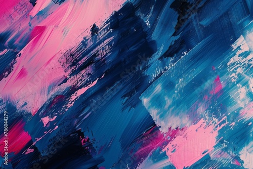 A background showcases an abstract blue and pink color scheme, highlighting the contrast between cool tones of deep blues and hot pinks. photo