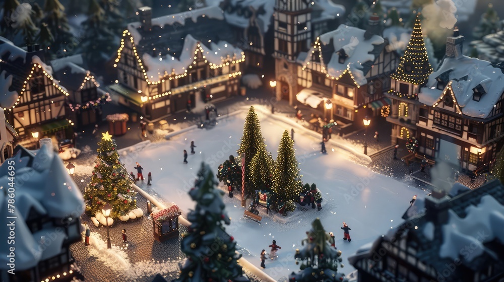 A quaint village square transformed into a winter wonderland, with an ice-skating rink surrounded by holiday decorations and joyful laughter