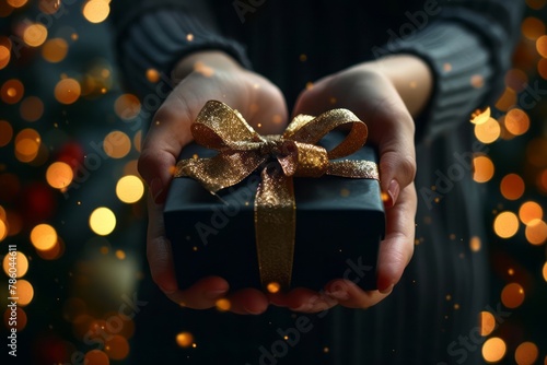 A closeup shows hands holding a black gift box with a golden ribbon against a dark background, with copy space for text and a bokeh effect.