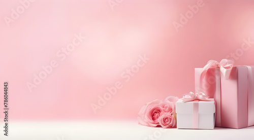 Pink rose flowers and present boxes on pink background with free copy space 
