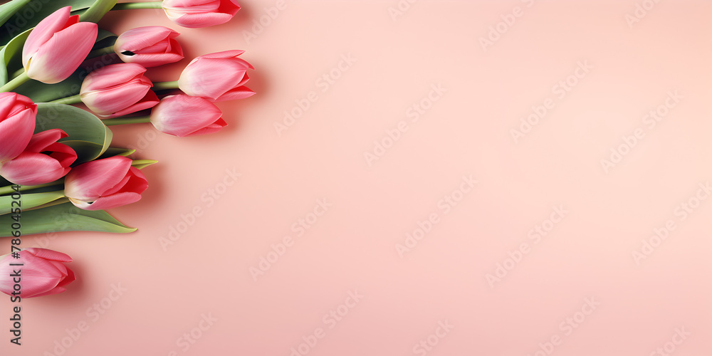 Abstract top view background with pink tulip flowers on pink copy space  