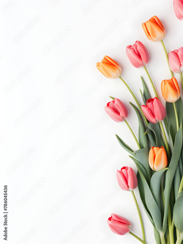 Obraz premium Abstract top view background with colorful tulip flowers on white copy space 