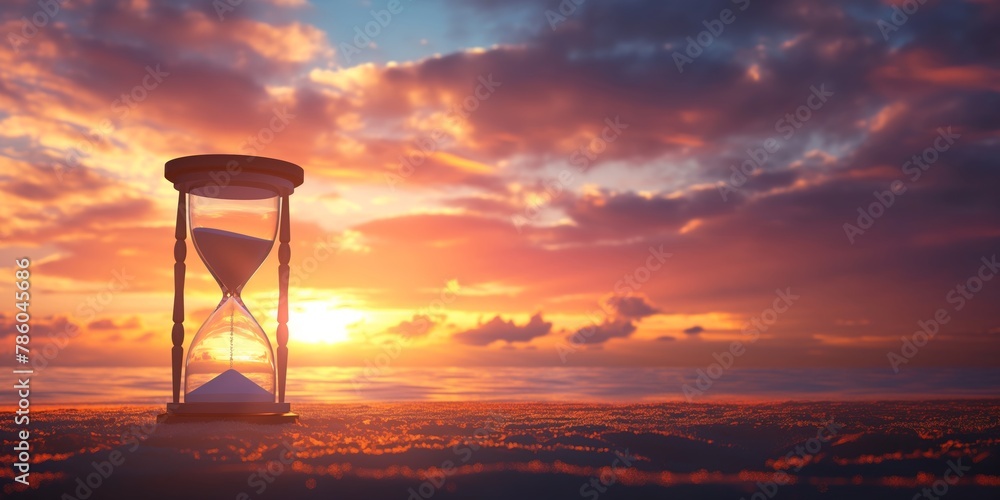 An hourglass set against a breathtaking sunset symbolizes the passage of time