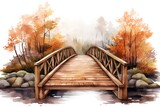 Wooden bridge in the autumn forest. Watercolor hand drawn illustration
