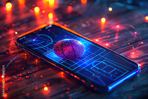 Screen of a modern smartphone with a basketball in neon light. Sports application. Sports betting concept. Generated by artificial intelligence photo
