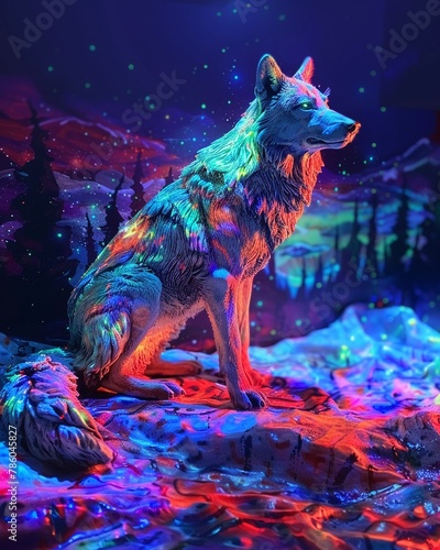 Ethereal wolf bathed in neon glow, phantasmal iridescent colors, emitting psychic waves in a surreal landscape