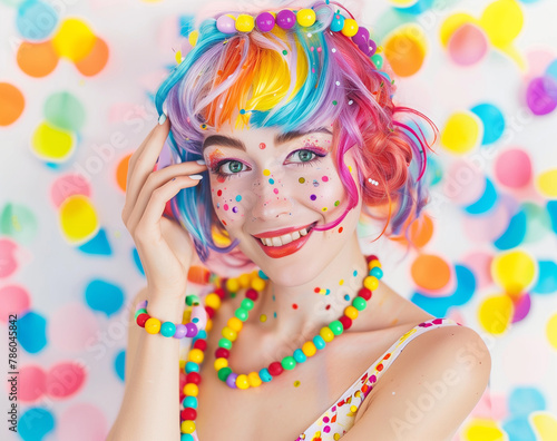 Beauty Girl Portrait with Colorful Makeup, Hair, Nail polish and Accessories. Colourful Studio Shot of Funny Woman. Vivid Colors. Manicure and Hairstyle. Rainbow Colors