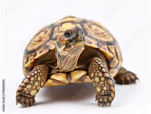 A Detailed Close-Up of a Land Tortoise on a Pure White Background