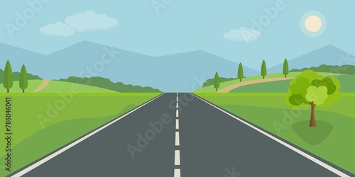 Strada dritta vuota attraverso la campagna. Verdi colline, cielo blu, prato e montagne. - illustrazioni