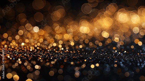 Festive background with shimmering gold sequins and beads on a glossy black surface, ideal for elegant event invitations