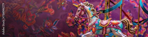 A whimsical carousel horse ornament adorned with colorful ribbons, set against a carnival-purple backdrop. 