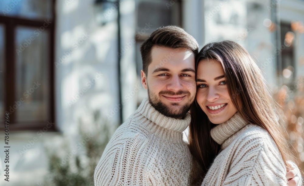 A man and woman in a sweater pose for the camera, AI A man and woman in a sweater pose for the camera, AI
