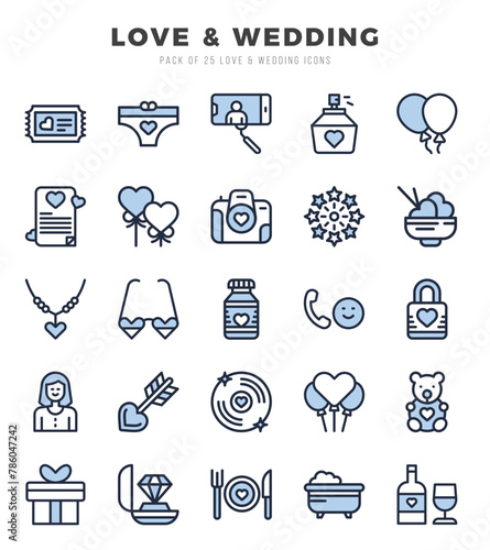 Set of Love & Wedding Icons. Simple Two Color art style icons pack.