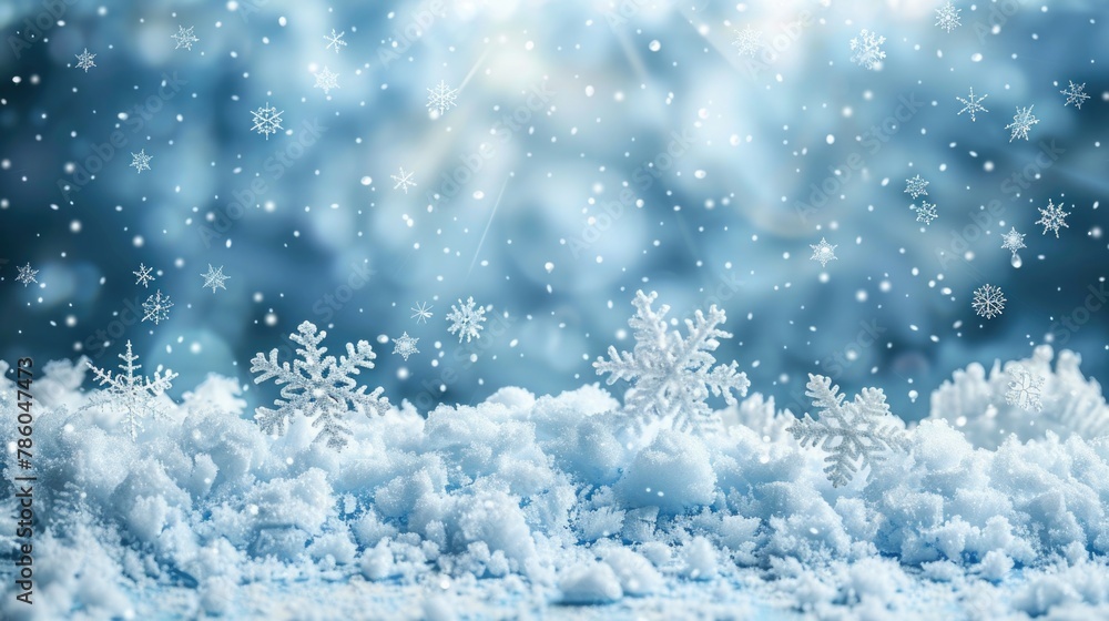 Festive winter scene with falling snowflakes against a soft blue gradient, ideal for a peaceful holiday greeting