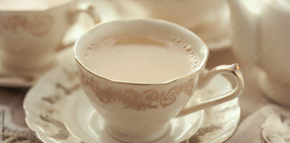 High-quality porcelain tea set with golden accents arranged for an inviting tea time High-quality porcelain tea set with golden accents arranged for an inviting tea time