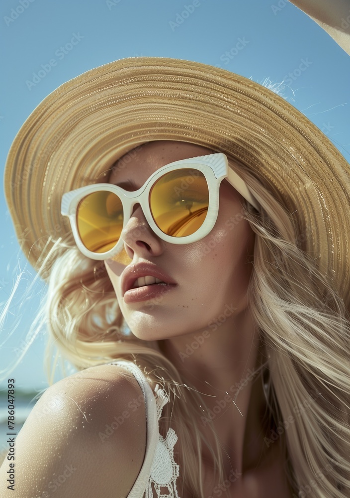 Close up of blonde woman wearing white sunglasses with yellow lenses and straw hat against a beach background, in the style of photo realistic fashion photography Close up of blonde woman wearing white sunglasses with yellow lenses and straw hat against a beach background, in the style of photo realistic fashion photography