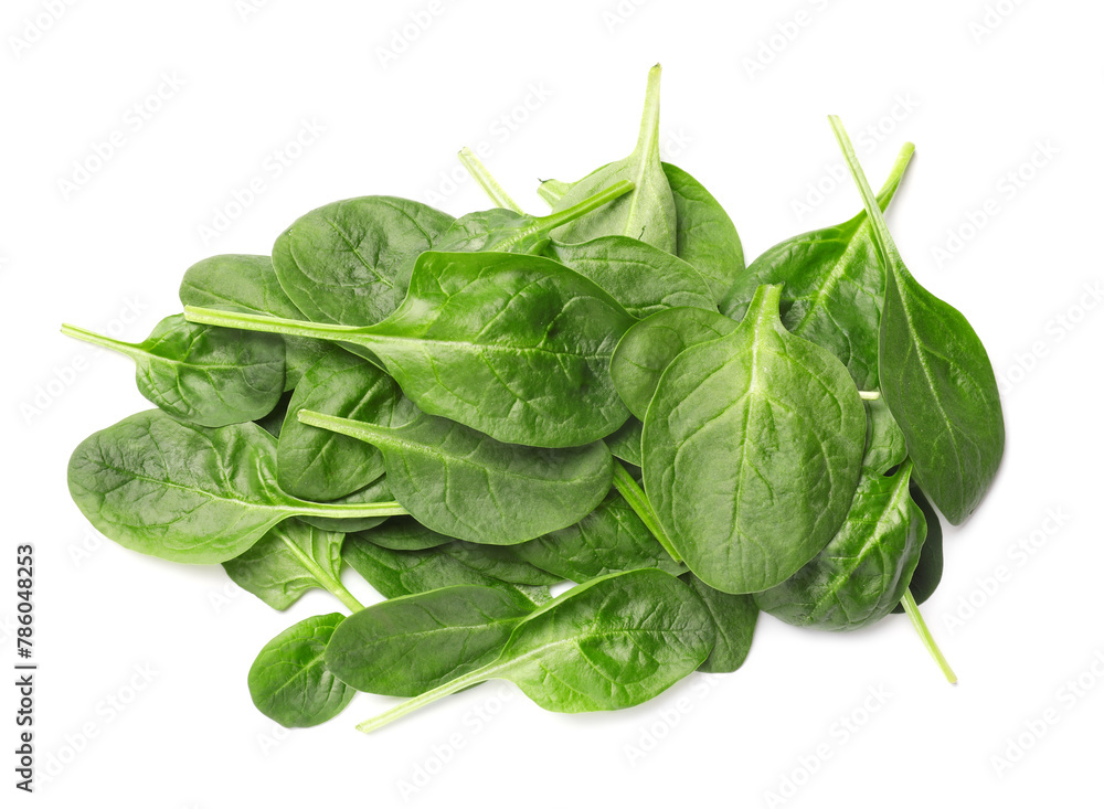 Pile of fresh spinach leaves isolated on white, top view Pile of fresh spinach leaves isolated on white, top view