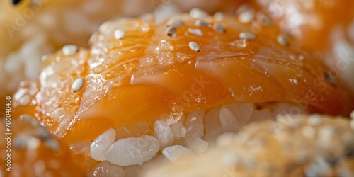 A visually appealing close-up that focuses on the freshness and vibrant color of the salmon sushi