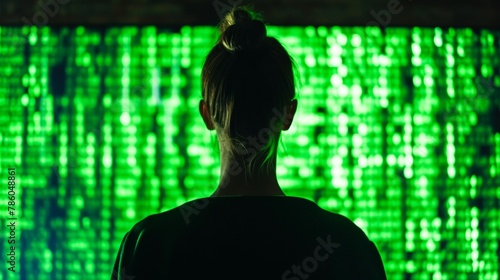 Woman in black shirt sitting with big screen with data, looking at green lights,copying space