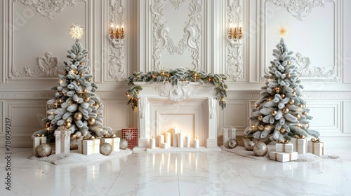 Golden baubles adorned christmas tree with presents on floor  festive white holiday background