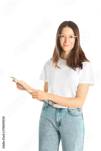 woman with a notebook on a white background. isolated