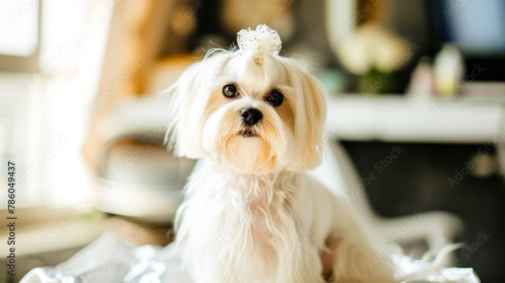 A small white dog with a flower on his head sits in front of a window. A small white dog with a flower on his head sits in front of a window.