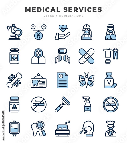 Vector icons set of MEDICAL SERVICES. Two Color style Icons.