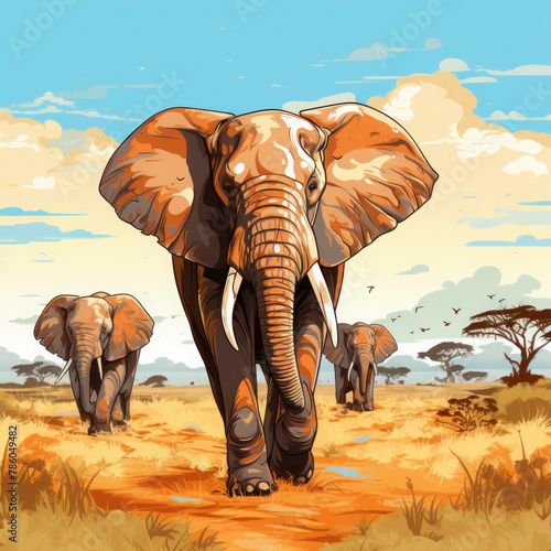Group of Elephants Walking Across Dry Grass Field © YULIIA